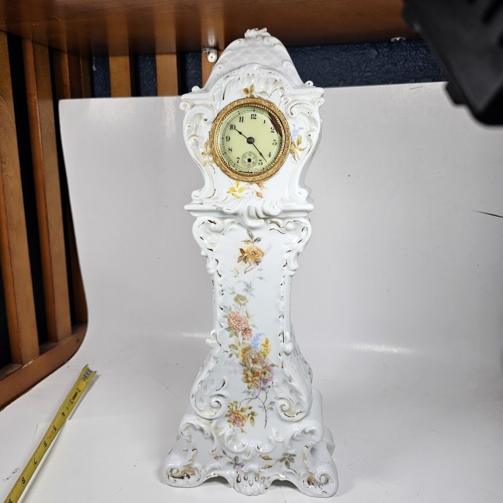 Antique Vtg New Haven Porcelain White Floral 15.5" Tall Mantle Clock Not Running